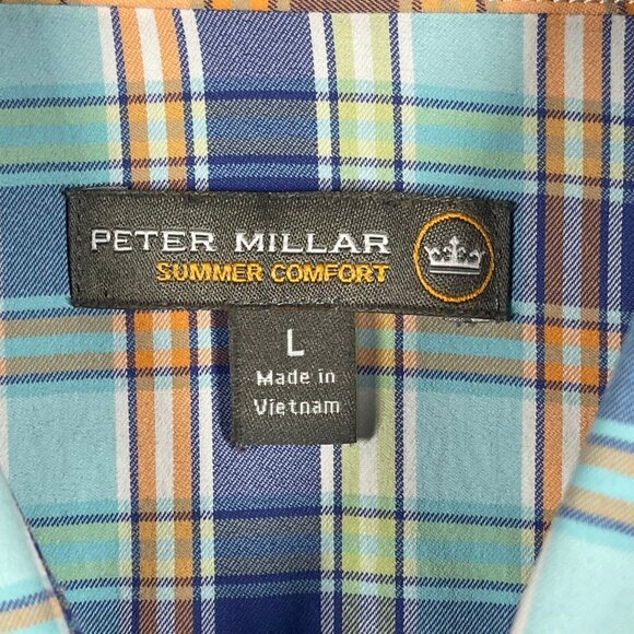 Peter Millar Summer Comfort Mens Plaid Long-Sleeve Button-Up Shirt L Blue/Orange - Picture 2 of 7